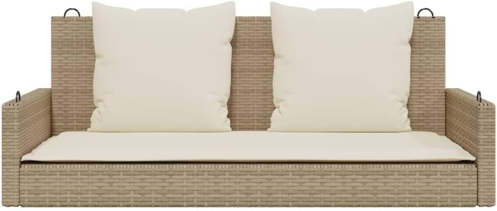 vidaXL Beige Poly Rattan Swing Bench with Cushions - Outdoor Garden Hammock Chair, Durable PE Rattan, Powder-Coated Steel Frame, Ideal for Patio/Deck, 242.5 lb Capacity, Comfortable Cushions
