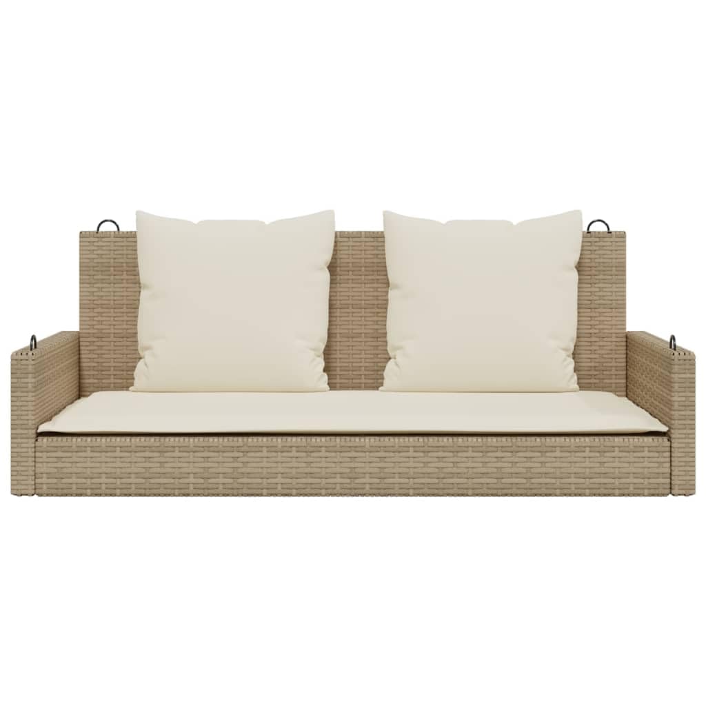 vidaXL Banco colgante con cojín, columpio colgante con anillos de fijación, banco balancín para exterior, columpio de jardín, moderno, beige polirratán