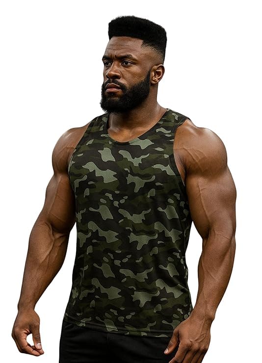 Men's Camouflage Dryfit Lycra Sleeveless Tank Top for Workout Training & Gym Fitness-picture-36