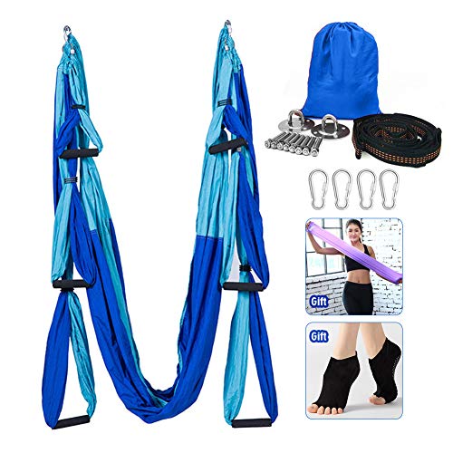 Hamaca de yoga, juego de columpio de yoga aéreo, ultra fuerte antigravedad yoga Hamaca/hendida/herramienta de inversión para gimnasio en casa Fitness (azul claro y azul oscuro)