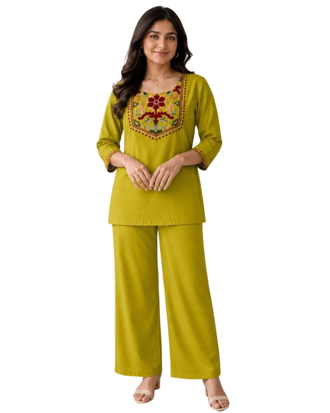 Women's Rayon Slub Embroidered Top with Pant Set StylishTop with Pant Set Set Soft & Comfortable Casual Outfit (IN, Alpha, M, Aafrin-Perrote Green)-picture-22
