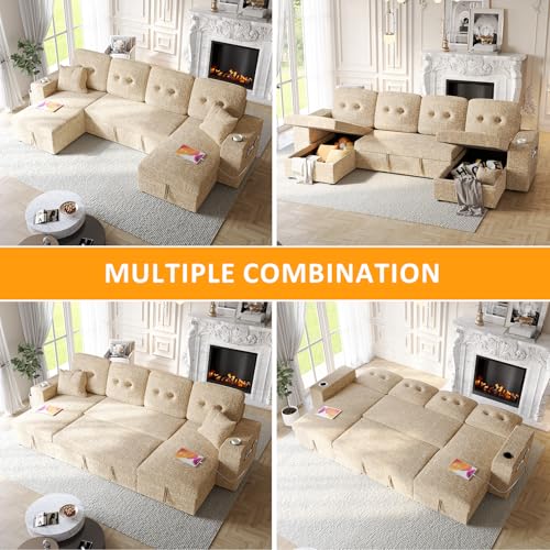 Image of Modular Sectional Sleeper Sofa Bed, 117 inch U-Shaped Sofa with Dual Storage Chaise | Reclining Backrest | Wide Armrest, Couches for Living Room, 4 in 1 Pull Out Couch Bed, Khaki