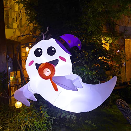 Joliyoou 5Ft Halloween Inflatable Hanging Decoration, Led Lighted Blow Up White Ghost Eating A Lollipop, Adorable Holiday Yard Porch Arch Proof Tree Branch Hanging Indoor Outdoor Party Decor Favors #TOP4