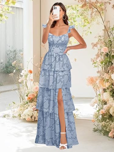 Tiered Bridesmaid Dress Floral A-Line V Neck Ruffle Jacquard Wedding Guest Dresses Formal Evening Gown3