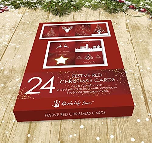 Charity Christmas Cards. Pack of 24. Each Christmas Card multipack has 8 different Red designs. Ecofriendly and UK made. Verse Inside. Large 172 x 122mm card size. By Absolutely Yours.