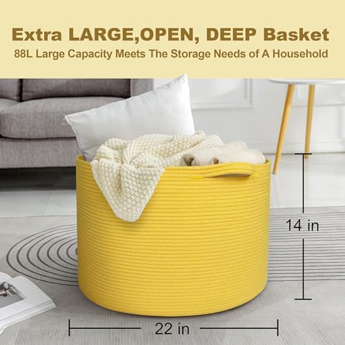 Image of MEGASKET Extra Large Yellow Basket, 22 inch X 22 inch X 14 inch Cotton Rope Yellow Decor for Living Room Bedroom, Woven Basket for Blanket, Laundry, Towel, Shoe, Baby Nursery Toy Organizer, Room Decor Storage Bin