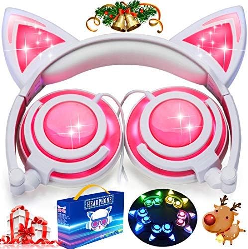 iGeeKid [Upgraded Version] Cat Ear Kids Headphones Rechargeable LED Light Up Foldable Over Ear Headphones Headsets for Girls Boys,Compatible for iPad,Kids Tablet,Kids Wearable Musical Device(New Pink)