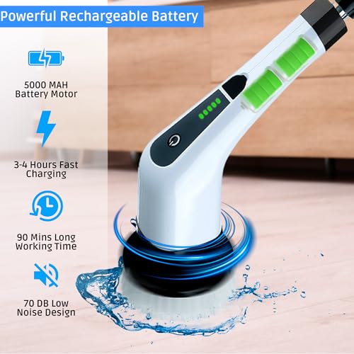 Image of an Store Electric Spin Scrubber - 2 Speeds Shower Scrubber with Long Handle 7 Replaceable Heads Shower Cleaner Brush Cordless Spin Brush for Cleaning (White)