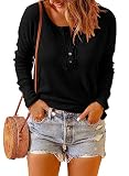 Dokotoo Damen Langarmshirt Basic Knopfleiste Pullover Schwarz Casual Longsleeve Oberteil Shirt Bluse Klein