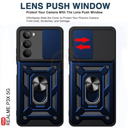 Image of Armor Bumper Back Cover Case for Realme P3x 5G Rotating Camera Cover, Ring Holder & Kickstand | Heavy Duty & 360 Degree Protection Realme P3x 5G Back Cover (Blue)