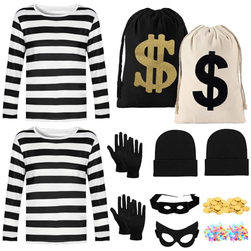 HTPARY Robber Costume Set for Couple Bandit Costume Bank Burglar Black and White Striped Shirt Halloween Cosplay With Accessaries