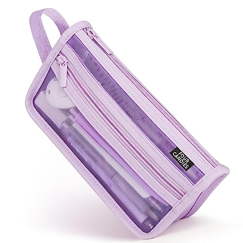 Four Candies Grid Mesh Pencil Case with Handle and Zipper Clear Double-layer Pencil Pouch Marker Pouch Travel Makeup Bag Cute Transparent Stationary Organizer Pen Bag for Adult Office College
