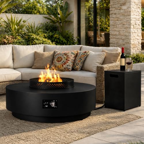 Image of 42-inch Propane Fire Pit Table, 65,000BTU Gas Fire Pit Table | Round Fire Pit w /Lid, Lava Rocks,Tank Cover, Rain Cover, for Outdoor Patio, Black