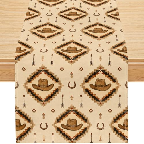 Image of Western Cowboy Table Runner, Aztec Geometric Horseshoe Hat Pattern Linen, Rustic Beige Dining Decor for Farmhouse Kitchen 13x72 Inch