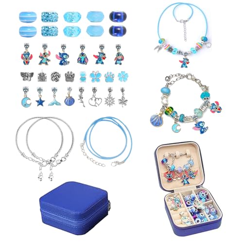 HOAQPPOY Stitch Bracelet Colliers, Perles pour Bracelets, Boîtes à bijoux, Perle Kits pour Bracelets Colliers,Jouet Cadeau Enfant 7 8 9 10 11 12 13 14ans（bleu）