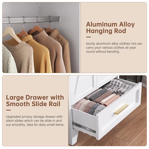 71-Tall-Metal-Wardrobe-Cabinet-with-Drawer-and-Hanging-Rod-2-Doors-Armoire-Wardrobe-Closet-with-Shelf-for-Bedroom-Office-Laundry-Room-White 71 Tall Metal Wardrobe Cabinet with Drawer and Hanging Rod 2 Doors Armoire Wardrobe Closet with Shelf for Bedroom Office Laundry Room White