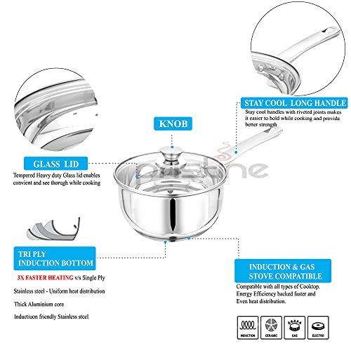 Pristine Try Ply Induction Base Stainless Steel Sauce Pan With Glass Lid | Induction And Gas Stove Compatible (2.2 Liter, Silver) - Image 7