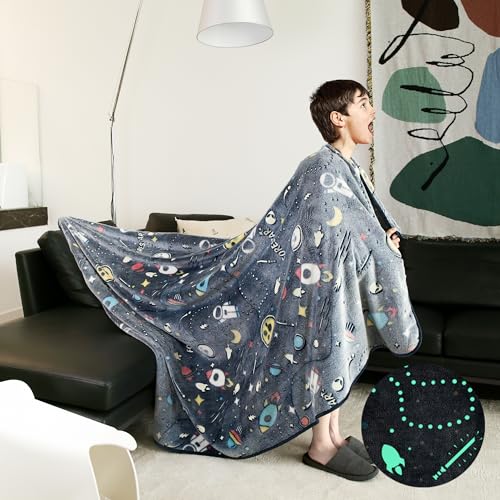 FORESTAR Glow in The Dark Space Blanket for Boys, Soft Warm Furry Throw Blanket, Christmas Birthday Gifts for Toddlers and Kids, 50"×60", Navy