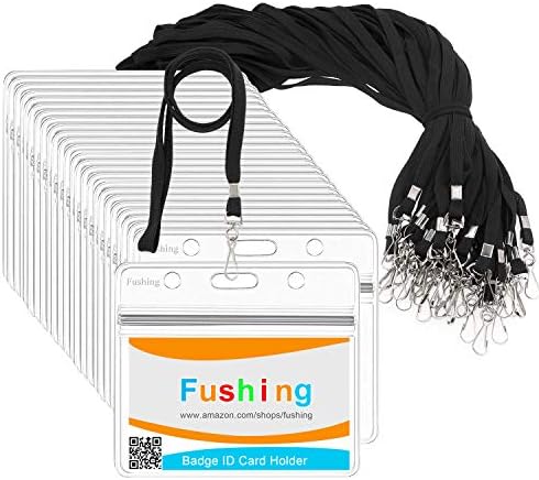 Fushing 30Pcs Clear Plastic Horizontal Name Tags Badge ID Card Holders and 30Pcs Flat Neck Lanyards with Swivel Hook