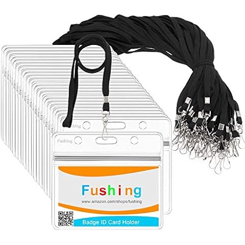 Fushing 20Pcs Clear Plastic Horizontal Name Tags Badge ID Card Holders and 20Pcs Flat Neck Lanyards with Swivel Hook Cover