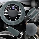 5PCS Fluffy Car Steering Wheel Cover Set, Includes Faux Fur Gear Shift Cover & Handbrake Cover & Steering Wheel Protector & 2 Seat Belt Shoulder Pads, Winter Fuzzy Warm Car Accessories (Grey)