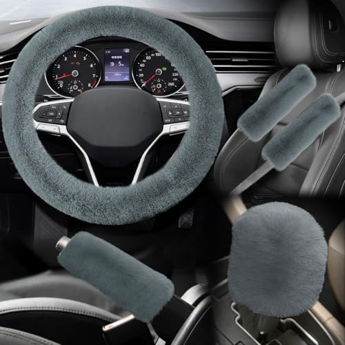 5PCS Fluffy Car Steering Wheel Cover Set, Includes Faux Fur Gear Shift Cover & Handbrake Cover & Steering Wheel Protector & 2 Seat Belt Shoulder Pads, Winter Fuzzy Warm Car Accessories (Grey)