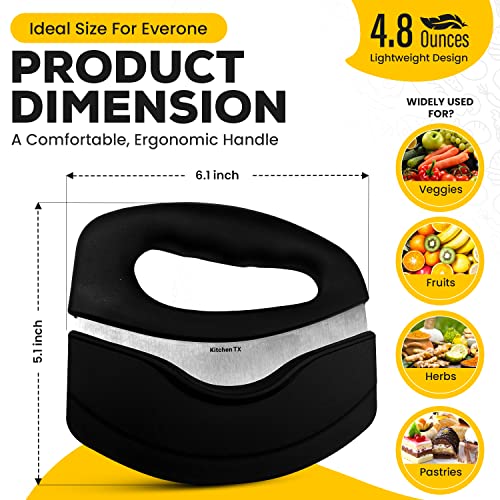 Kitchen Tx Premium Mezzaluna Knife - Sharp Stainless Steel Rocker Knife With Cover - Pizza Slicer, Mezzaluna Chopper, Vegetable Cutter, Salad Chopper & Mincer - Dishwasher Safe & Easy To Clean #TOP3