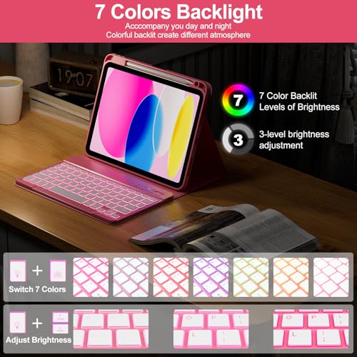 Image of COO 7 Color Backlit Keyboard Case for iPad 11th A16 /10th Gen | 7-Color Backlit Detachable Bluetooth Keyboard, Pencil Holder, Auto Wake /Sleep, 3 Angles, PU TPU Cover, Watermelon Red