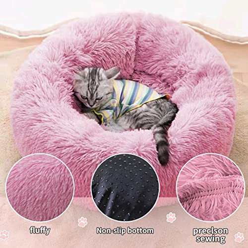 DONWEI Katzenbett Flauschig, Donut Kissen Hundebett, Flauschig Weiches Katzenkissen Rund, Waschbar Plüsch Katzenkorb, Katzenkörbchen, Katzencouch für Kleine Hunde und Katzen(50cm, Rosa)