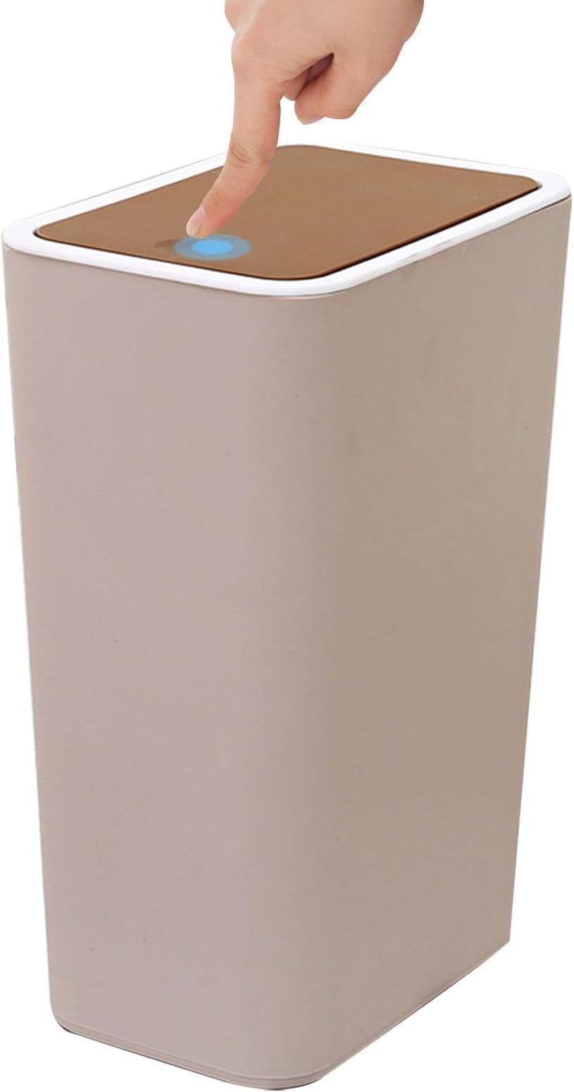 PW TOOLS Bathroom Garbage Can with Lid, Garbage Bin with Press Top Lid, Slim Trash Can Compact Waste Basket, Garbage Container Bin for Bathroom, Bedroom, Kitchen, Offices