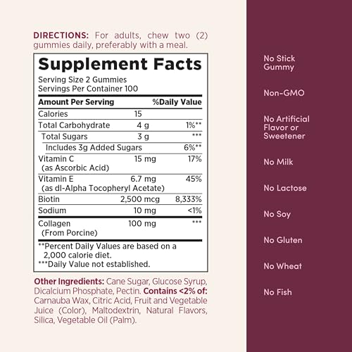 Nature's Bounty Optimal Solutions Hair, Skin and Nails Collagen Pectin Gummies, 100 mg Collagen and 2,500 mcg Biotin Per Serving, No Stick Gummy, Tropical Citrus Flavor,200 ct,100 Servings,(Pack of 2) - image 7