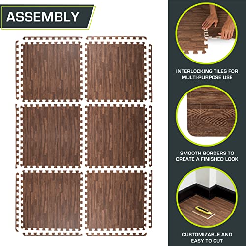 Image of ProsourceFit Wood Grain Puzzle Mat -inch, 6 EVA Foam Interlocking Floor Tiles (24 SQ FT) for Secure Indoor Gym Flooring, Office Spaces, Living Rooms, and Play Areas, Dark Oak