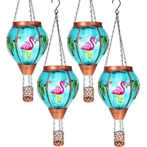 Paquete de 4 faroles solares de globo de aire caliente con llama, luces solares de vidrio de flamenco decorativas para decoración de patio al aire libre, jardín, regalos de flamenco para mujeres,