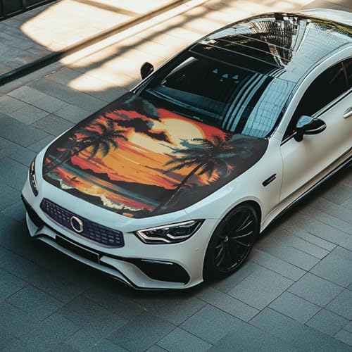 Image of Car Hood Cover Protector,Waterproof Snowproof Print Hood Covers for Cars,Universal Accessories for Decoration Coconut Tree Pattern Design