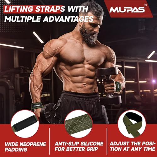 Hulpmiddelen voor krachttraining en bodybuilding (gevoerd) - professionele lifting straps 58,5 cm lengte - antislip siliconen - gym straps voor fitness, deadlifting, gewichtheffen (legergroen) - Afbeelding 4