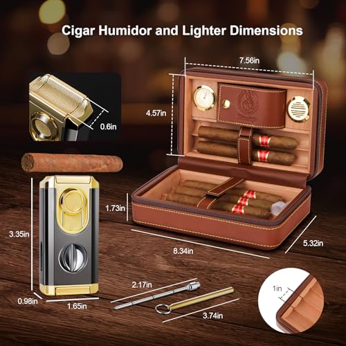 Travel Cigar Humidor, Cedar Wood Lined, with All-in-one Cigar Lighter, Built-in V Cutter& Holder, Cigar Draw Enhancer, Hygrometer & Humidifier, Leather Cigar Case with Cigar Accessories Hold 6 Cigars - Image 6