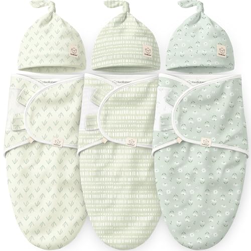 KeaBabies 3-Pack Organic Swaddles for Newborns Girls, Boys with Hats - Soft Cotton Baby Sleep Sacks 0-3 Months, Breathable Baby Hats and Swaddles 0-3 Months, Newborn Essentials Must Haves (Leafy)