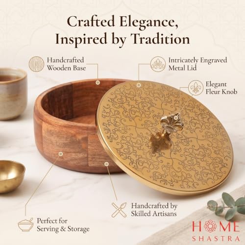 Image of Wooden Casserole with Fleur Handle | Floral Engraved Hot Case Chapati Box for Fresh & Warm Roti | Multipurpose Roti Box, Snack & Dry Fruit Storage | Luxury Kitchen Decor
