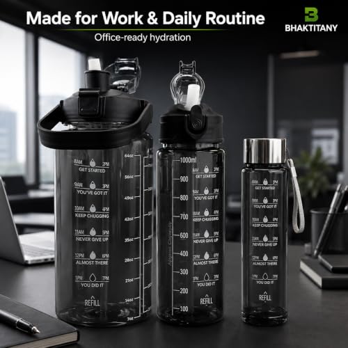 Image of Water Bottle Set of 3 with Sipper & Straw, Black