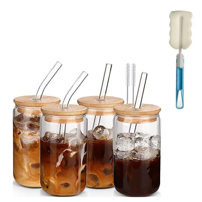 17OZ Glass Cups with Bamboo Lids and Glass Straw, Reusable Can Shaped Drinking Glasses with Lids and Straws & Brush,Wide Mouth Mason Jar Glass Cups for Smoothies, Tea, Cola, Juice, Soda (4 Pack) - Image 3