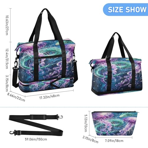 Jellyfish Dragon Blue Travel Duffel Bag for Women Men Gym Bag with Shoe Compartment Wet Pocket Carry On Weekender Overnight Bags for Travel Hospital Gym3