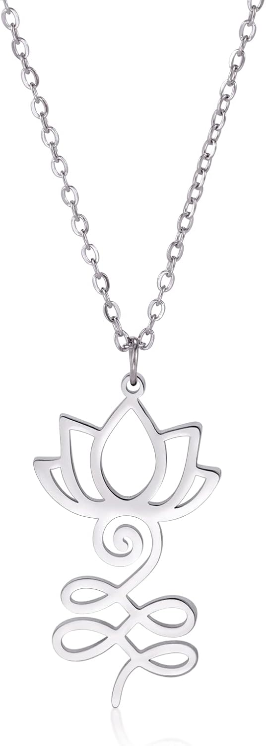 VASSAGO Buddha Lotus Necklace for Women Yoga Healing Pendant Stainless Steel Flower Necklace Buddhist Necklace Unalome Symbol Amulet Religious Jewelry