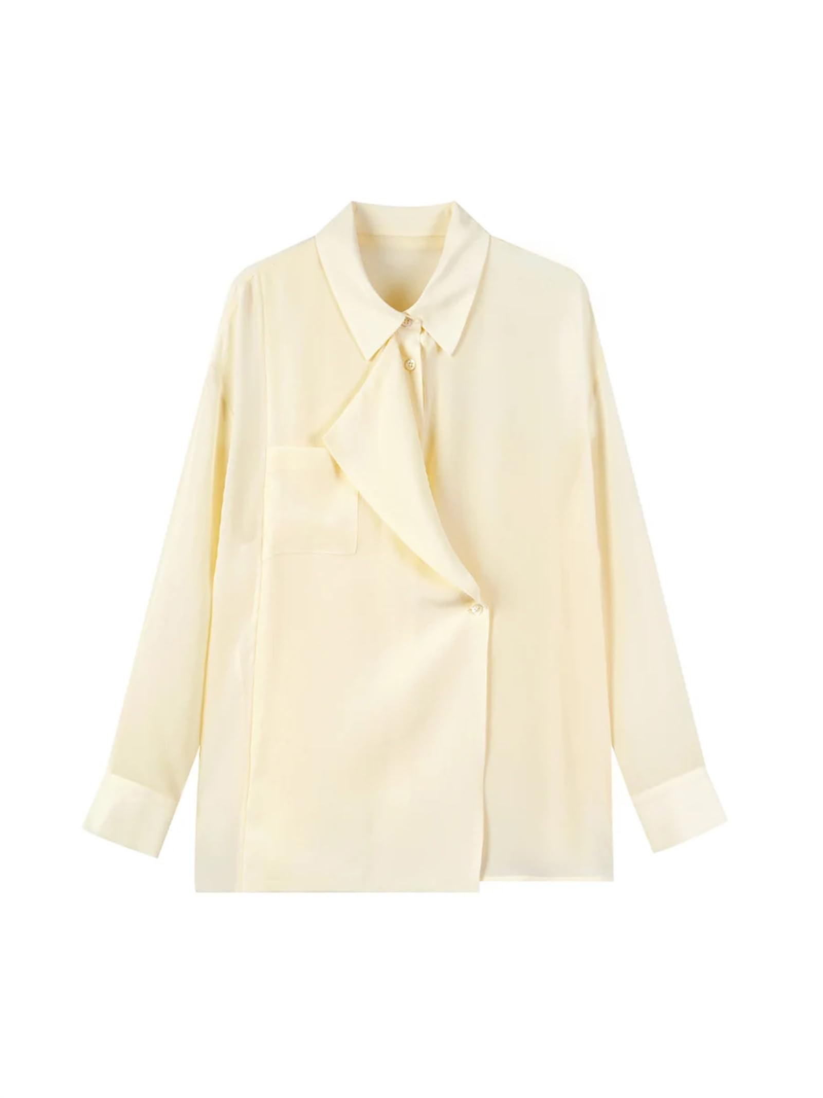 Blusa de seda lisa para mujer, cuello abatible, elegante, informal, con botones, de seda