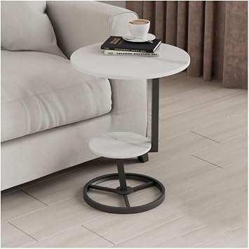 Side Table, Marble End Table with 2 Tier Storage Shelf Small Coffee Table Nightstand Bedside Table with Metal Frame for Sofa Couch, Bedroom, Living Room Color Black, Size White