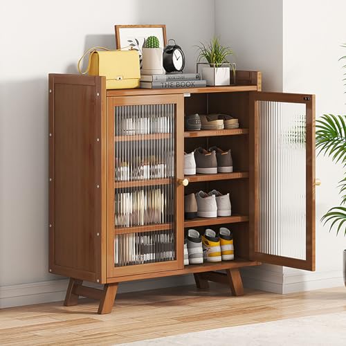 Grande armoire à chaussures en bambou au design minimaliste pour entrée