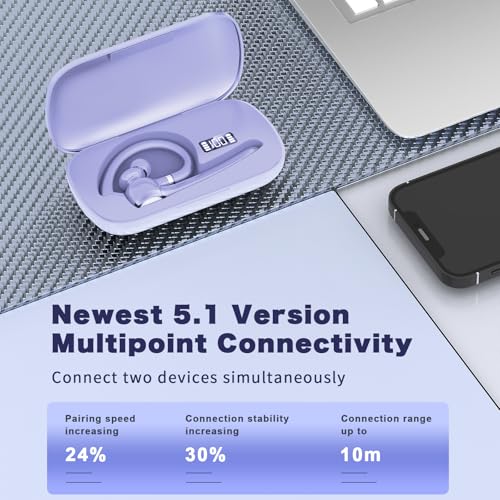 Image of HEIBAS Bluetooth Headset, Wireless Earpiece with Mic for Work | 72H Playtime, 500mAh Charging Case, Hands-Free Calling with Mute Button for Work, Trucker, Office, Driving, Lilac Purple