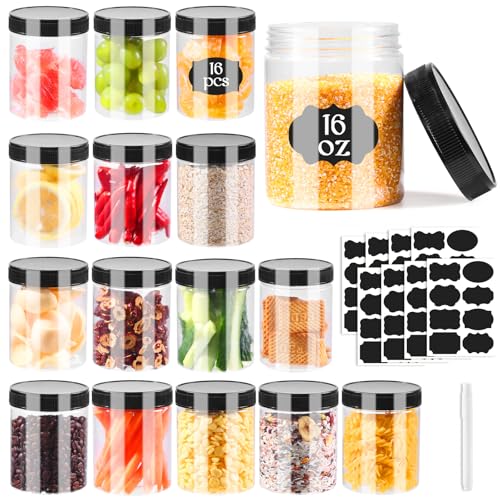 Janisfirst 16oz Clear Plastic Jars With Lids,Plastic Jars With Lids,Airtight Container Ideal For Dry Food, Peanut Butter, Honey Jam,Cream, Bathroom and Storage(set of16)
