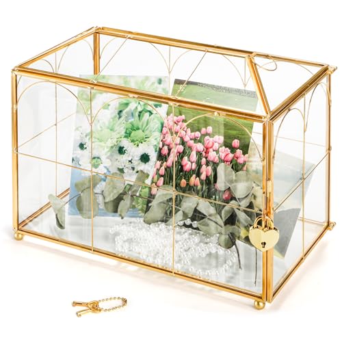 Okllen Glass Card Box with Slot, Large Gold Clear Card Box for Wedding...