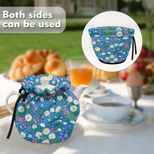 Image of Bee Daisy Print Tea Cozy Teapot Cover Thermal Insulation Tea Pot Cosy Teapot Cover for Home Kitchen Table Kettle Cozy Warmer Covers