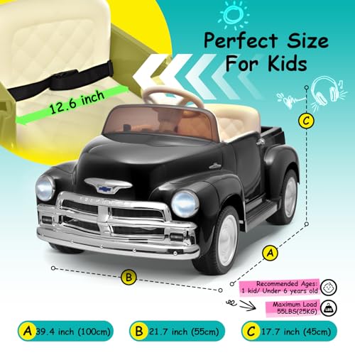 Joywhale 12V Kids Ride on Car Licensed Chevrolet 3100 Pickup Battery Powered Motorized Electric Car,with 7AH Big Battery,2.4G Remote Control,3-Speeds,Storage Space,Music,Retro Style,Black